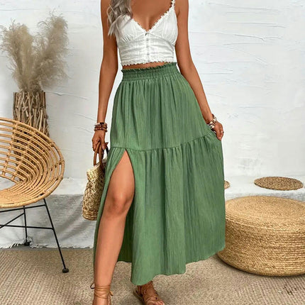 Women's Summer Boho Flowy Maxi Skirt Slit Elastic High Waist A Line Beach Long Skirts
