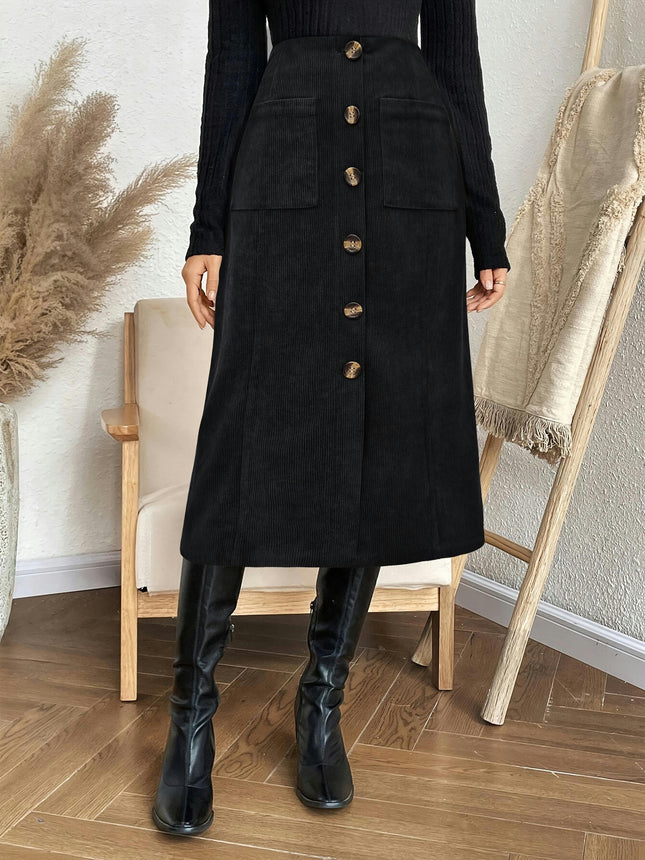 Women's Corduroy Pencil Skirts High Waisted Casual Button Down Midi Skirt