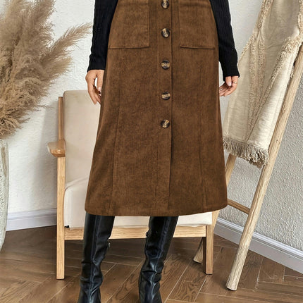 Women's Corduroy Pencil Skirts High Waisted Casual Button Down Midi Skirt