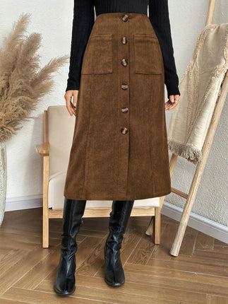 Women's Corduroy Pencil Skirts High Waisted Casual Button Down Midi Skirt
