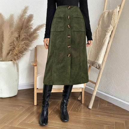 Women's Corduroy Pencil Skirts High Waisted Casual Button Down Midi Skirt