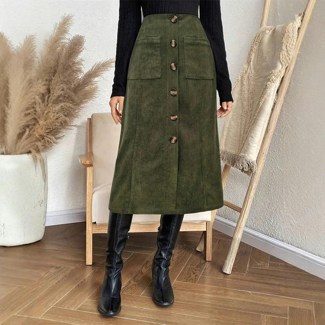 Women's Corduroy Pencil Skirts High Waisted Casual Button Down Midi Skirt
