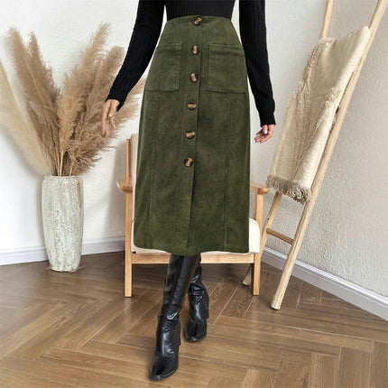 Women's Corduroy Pencil Skirts High Waisted Casual Button Down Midi Skirt