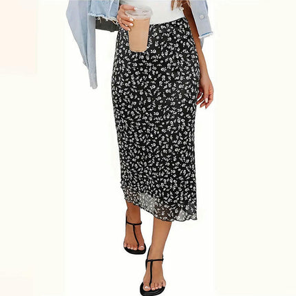 Women's High Waist Floral Print Midi Skirts A Line Bodycon Mesh Skirt