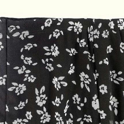 Women's High Waist Floral Print Midi Skirts A Line Bodycon Mesh Skirt