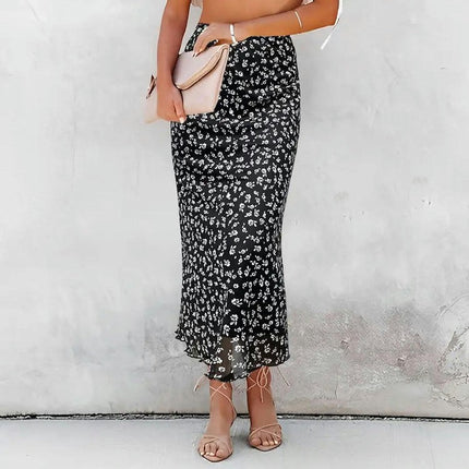 Women's High Waist Floral Print Midi Skirts A Line Bodycon Mesh Skirt