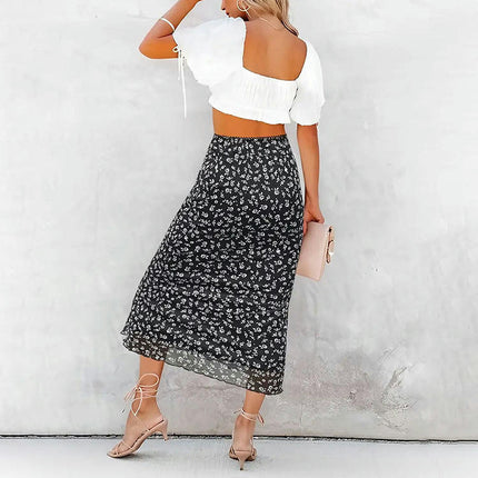 Women's High Waist Floral Print Midi Skirts A Line Bodycon Mesh Skirt