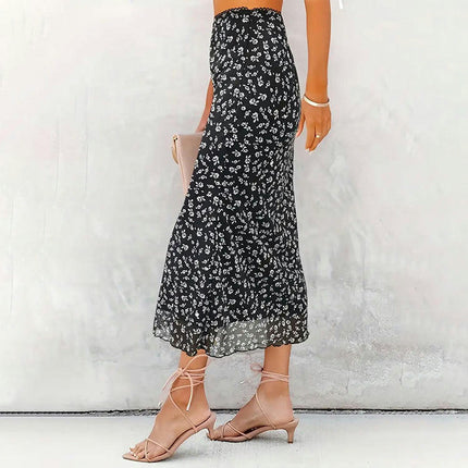 Women's High Waist Floral Print Midi Skirts A Line Bodycon Mesh Skirt