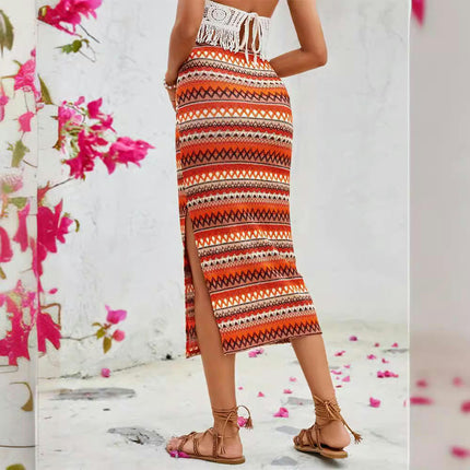 Women's High Waist Color Block Knit Maxi Skirts Bodycon Slit Long Skirt