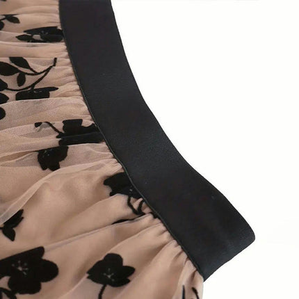 Women Floral Mesh Mini Skirt High Waist Pleated A Line Flowy Short Skirt