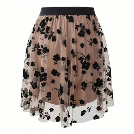Women Floral Mesh Mini Skirt High Waist Pleated A Line Flowy Short Skirt