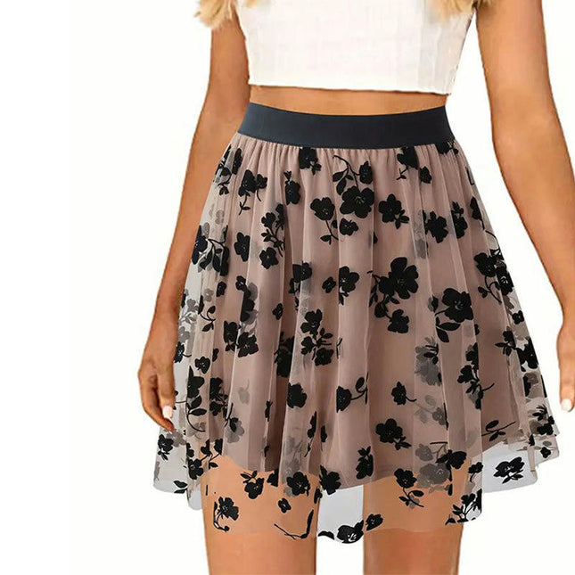 Women Floral Mesh Mini Skirt High Waist Pleated A Line Flowy Short Skirt