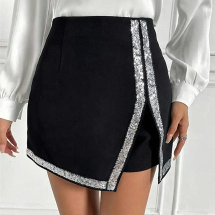 Women's Sequin Sparkle High Waisted Asymmetrical Wrap Shorts Skirt