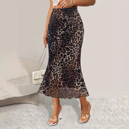 Women Mesh High Waist Midi Skirt Fishtail Bodycon Leopard Print Skirt