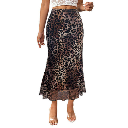 Women Mesh High Waist Midi Skirt Fishtail Bodycon Leopard Print Skirt