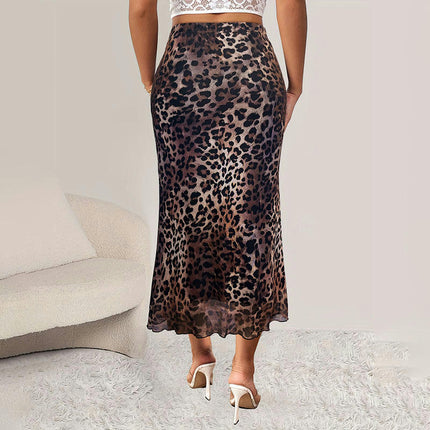 Women Mesh High Waist Midi Skirt Fishtail Bodycon Leopard Print Skirt