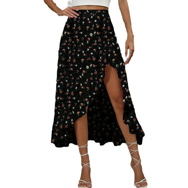 Women's Slit Asymmetric Ruffle Long Skirts High Waisted Flowy Maxi Skirts