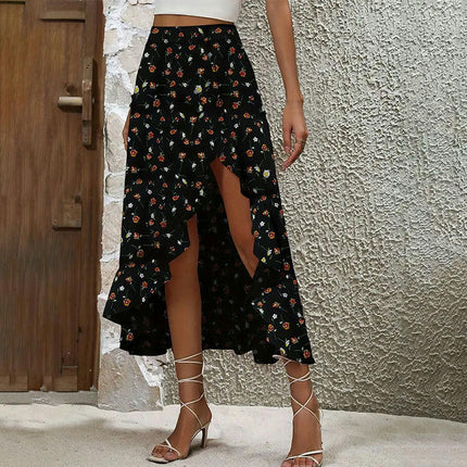 Women's Slit Asymmetric Ruffle Long Skirts High Waisted Flowy Maxi Skirts