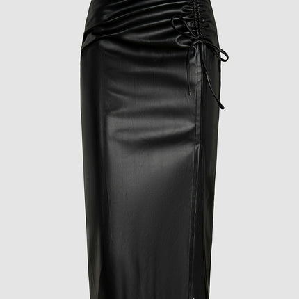 Women's Faux Leather Midi Skirts Drawstring Split High Waisted Bodycon Skirt