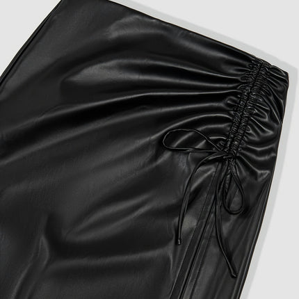 Women's Faux Leather Midi Skirts Drawstring Split High Waisted Bodycon Skirt