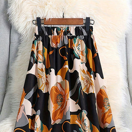 Women's High Elastic Waisted Maxi Skirt Casual Floral Print A Line Flowy Long Skirts