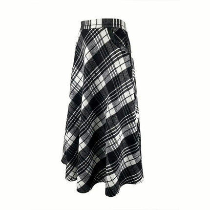 Women's Vintage High Waist Wool Blend Plaid A-Line Long Skirt with Pocket