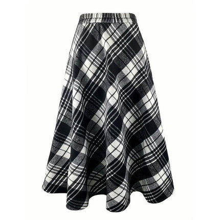 Women's Vintage High Waist Wool Blend Plaid A-Line Long Skirt with Pocket