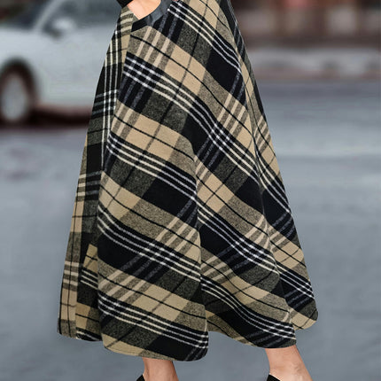 Women's Vintage High Waist Wool Blend Plaid A-Line Long Skirt with Pocket