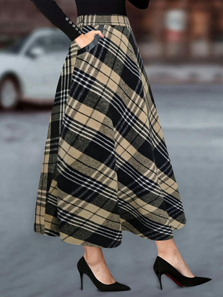 Women's Vintage High Waist Wool Blend Plaid A-Line Long Skirt with Pocket