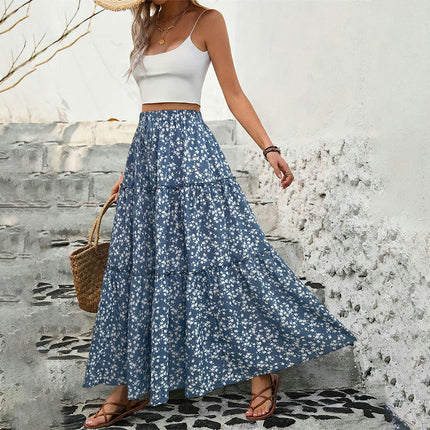 Women's Boho Floral Print High Waist Pleated Tiered A Line Flowy Long Skirt