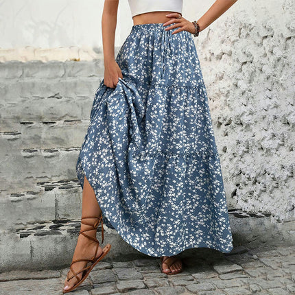 Women's Boho Floral Print High Waist Pleated Tiered A Line Flowy Long Skirt