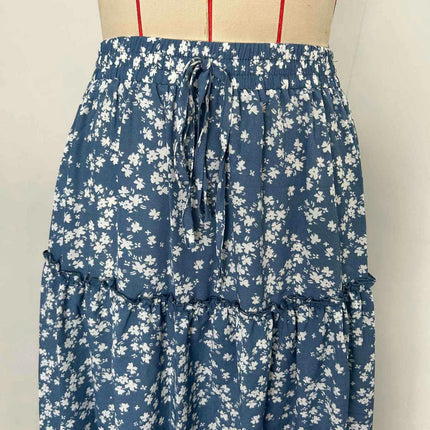 Women's Boho Floral Print High Waist Pleated Tiered A Line Flowy Long Skirt
