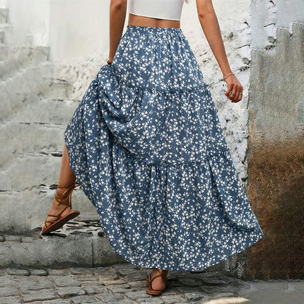 Women's Boho Floral Print High Waist Pleated Tiered A Line Flowy Long Skirt