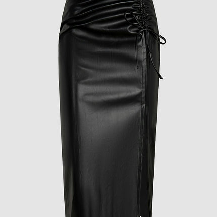 Women's High Waisted Faux Leather Waist Slit Bodycon Pencil Midi Skirt