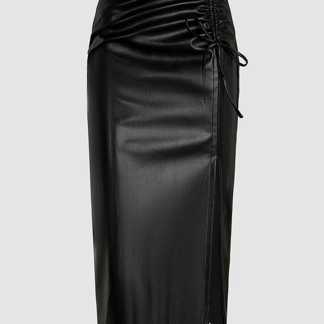 Women's High Waisted Faux Leather Waist Slit Bodycon Pencil Midi Skirt