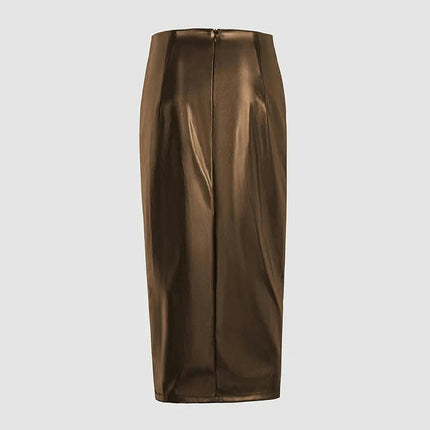 Women's High Waisted Faux Leather Waist Slit Bodycon Pencil Midi Skirt