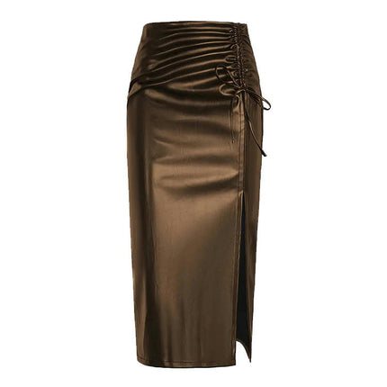 Women's High Waisted Faux Leather Waist Slit Bodycon Pencil Midi Skirt