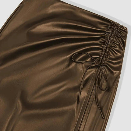 Women's High Waisted Faux Leather Waist Slit Bodycon Pencil Midi Skirt