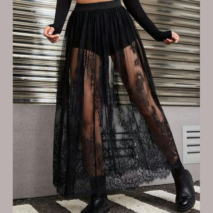 Womens Floral Lace Maxi Skirt Elastic Waist Summer See Through Long Skirt