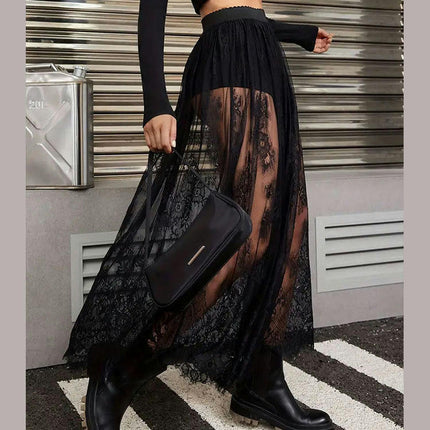 Womens Floral Lace Maxi Skirt Elastic Waist Summer See Through Long Skirt