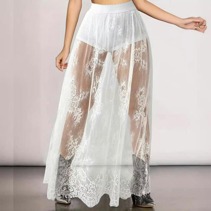 Womens Floral Lace Maxi Skirt Elastic Waist Summer See Through Long Skirt