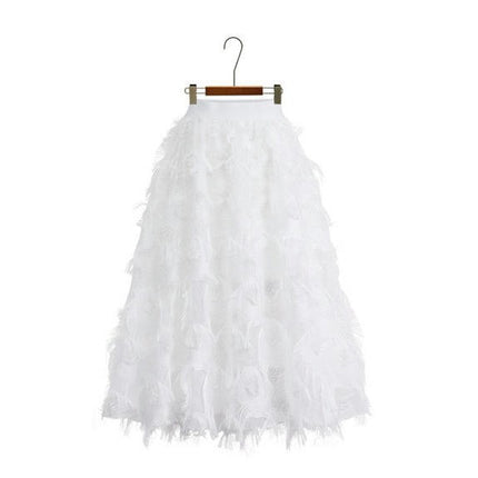 Women's A Line Tulle Midi Skirt Elastic High Waist Flowy Swing Skirts