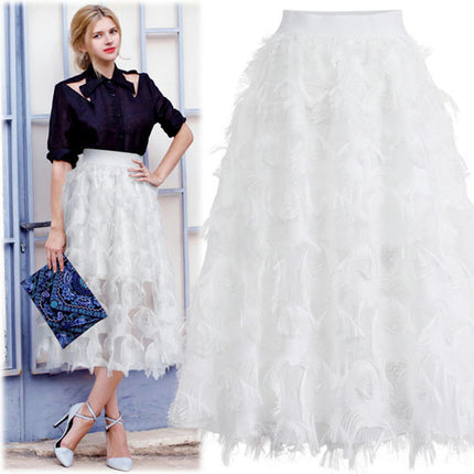 Women's A Line Tulle Midi Skirt Elastic High Waist Flowy Swing Skirts