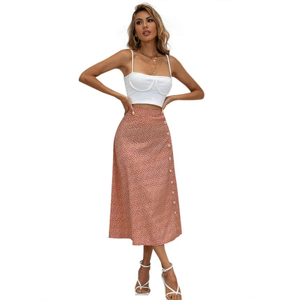 Women's Boho Floral Print Skirts High Waist Button Split A Line Midi Skirt