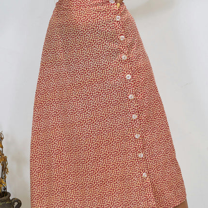 Women's Boho Floral Print Skirts High Waist Button Split A Line Midi Skirt