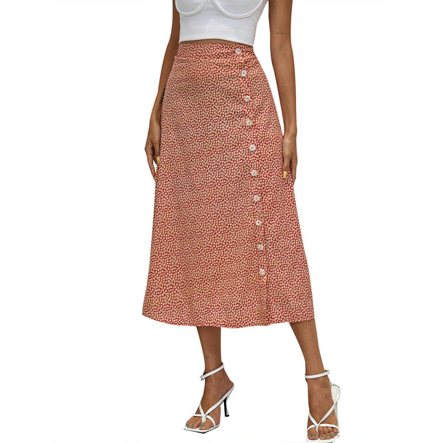 Women's Boho Floral Print Skirts High Waist Button Split A Line Midi Skirt