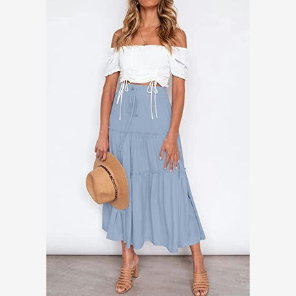 Women's Boho High Waist Pleated A-Line Flowy Swing Tiered Maxi Long Skirt