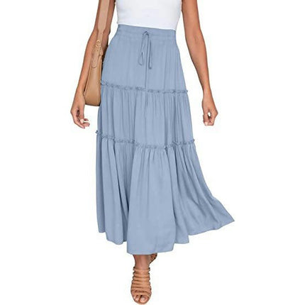 Women's Boho High Waist Pleated A-Line Flowy Swing Tiered Maxi Long Skirt