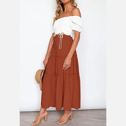 Women's Boho High Waist Pleated A-Line Flowy Swing Tiered Maxi Long Skirt