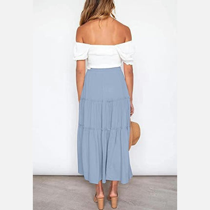 Women's Boho High Waist Pleated A-Line Flowy Swing Tiered Maxi Long Skirt